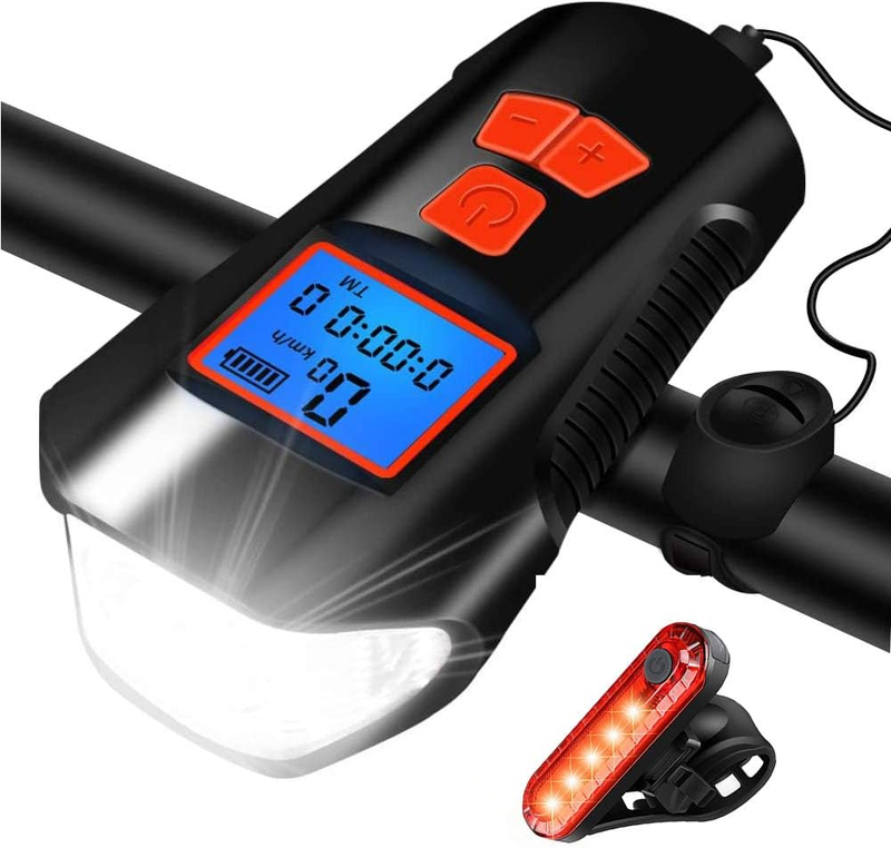 Bike Light Set,Bicycle Headlight with Horn and Speedometer Odometer,Usb Recharge