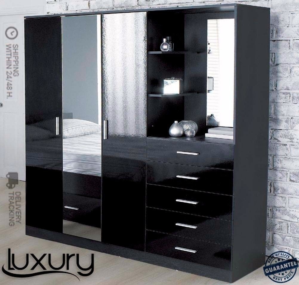 High Quality Combi Unit 3 Door Mirrored Black Gloss Wardrobe
