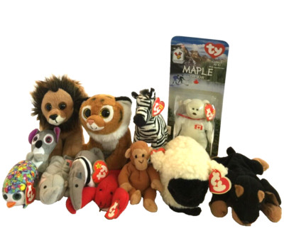 TY BEANIE BABIES MIXED LOT 12 ZEBRA LION TIGER BEAR MONKEY DOG SHEEP LOBSTER 90s