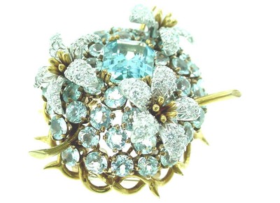 TIFFANY & CO   SCHLUMBERGER   AQUAMARINE & DIAMOND  BROOCH  , 18K  , PLATINUM