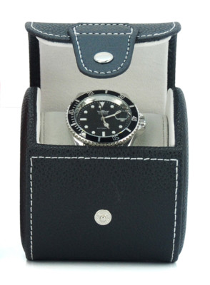 Genuine Leather Watch Case 1 Single Watch Box Travel Oval Storage Black 3032BL 