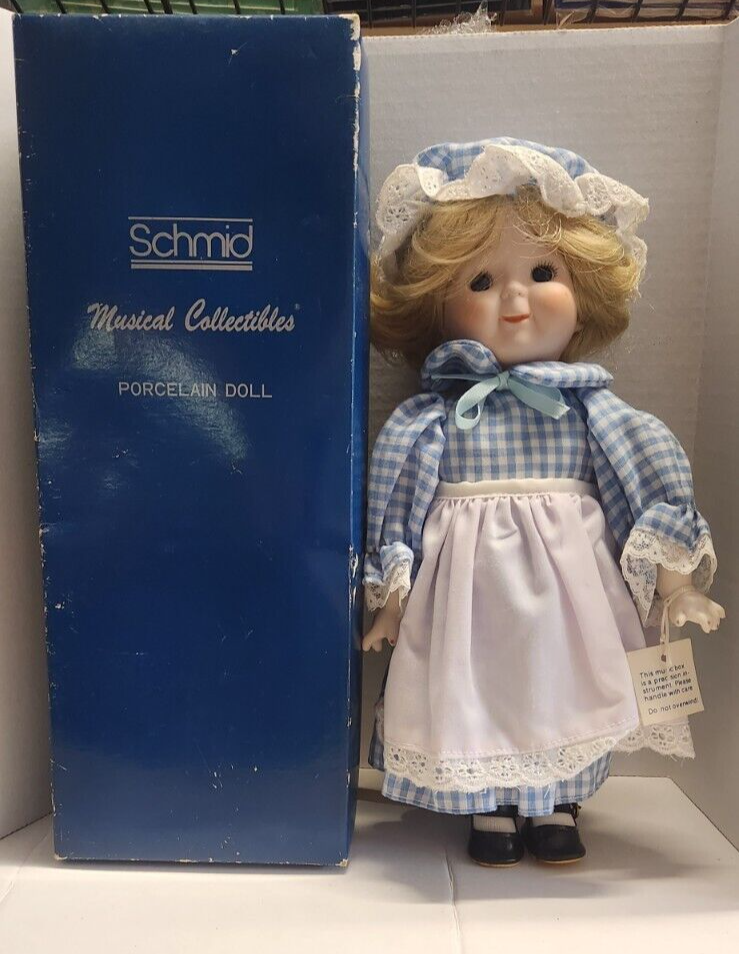 Schmid Musical Porcelain Doll Blue white Lace Dress w Bonnet 12 Schmid Musical Porcelain Doll Blue white Lace Dress w Bonnet 12