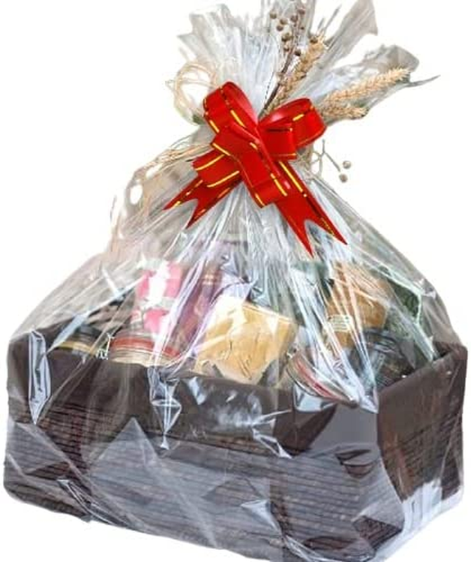 10 Pack Large Cellophane Bags 22" X 28", with 10 Red Ribbon Bows, Clear Cellopha