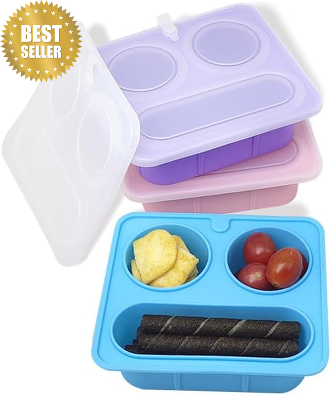 Reusable Snack Containers with Lids Silicone, 3Pack Three Compartment Snackle Bo
