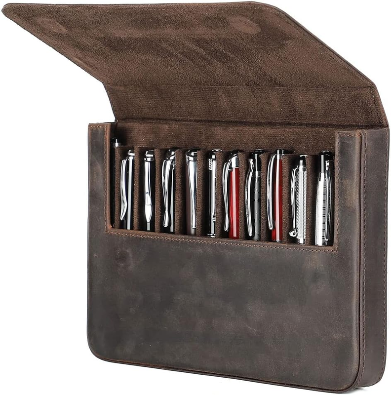 Pen Case for 12 Pens Handmade Crazy Horse Leather Fountain Pens Holder Travel Pe