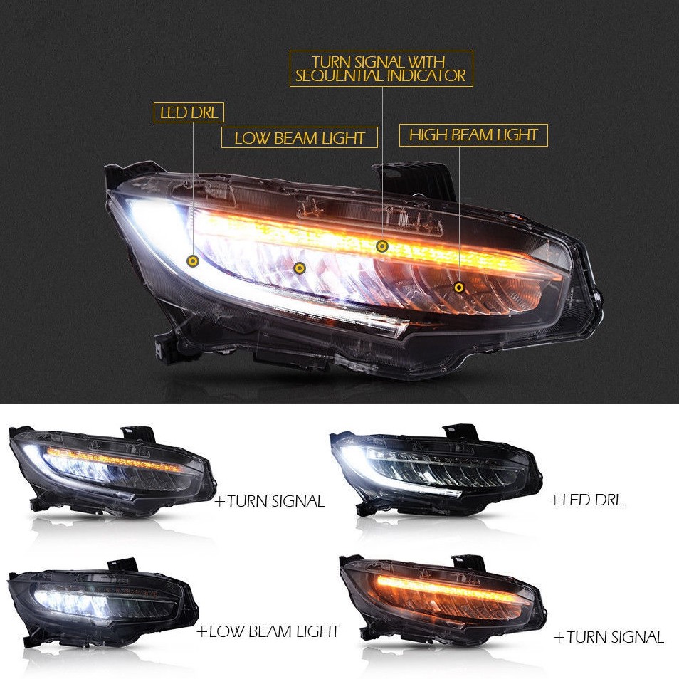 2X LED Headlights With Sequential Indicator For 20162018 Honda Civic