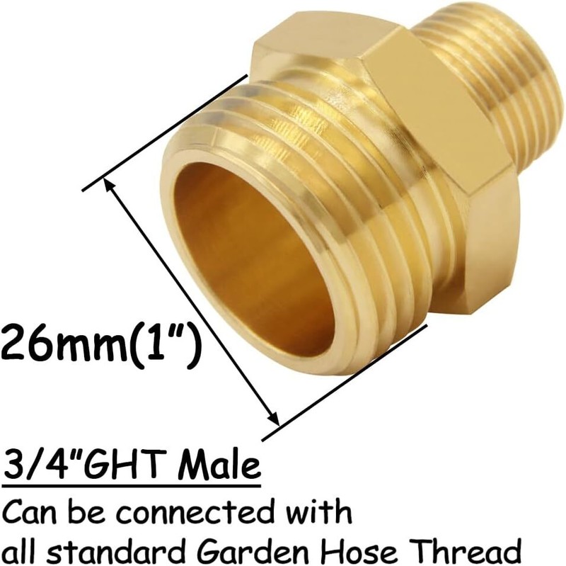 2PCS Brass Garden Hose Adapter 3/4"GHT Male to 3/8"NPT Male Thread Reducer Wa...
