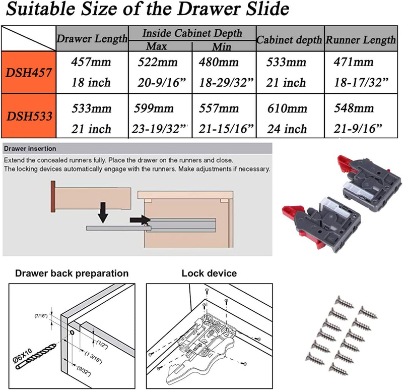 5 Pairs Self Soft Close Under/Bottom Rear Mounting Drawer Slides 21 Inch Conceal