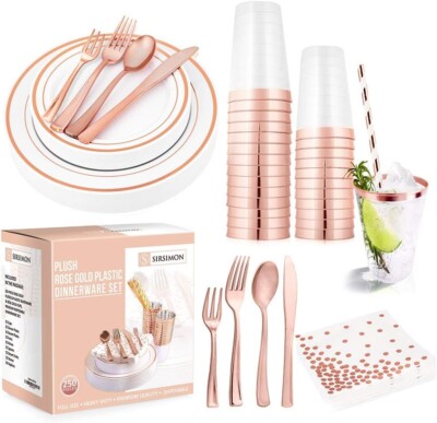250 Piece Disposable Rose Gold Plastic Dinnerware Set