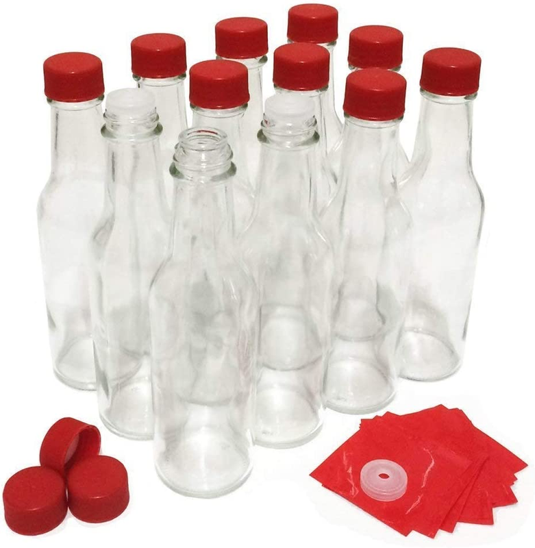 - Hot Sauce Bottles With Red Caps & Shrink Bands, 5 Oz - 12 Pack