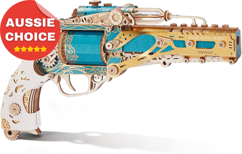 3D Wooden Puzzle Revolver Model DIY Steampunk Assembly Kit Unique Gift Blue
