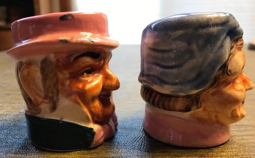 Vintage Salt Pepper Shakers Old Folk Man Woman Face Head Toby Mug Style JAPAN