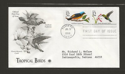 1998 US 32c Tropical Birds FDC Antillean Euphonia Green-throated Carib #3225a