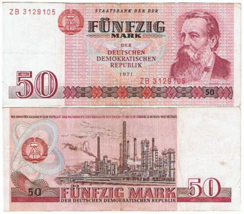 1971 East German DDR 50 Mark Banknote Featuring Friedrich Engels and Factory 