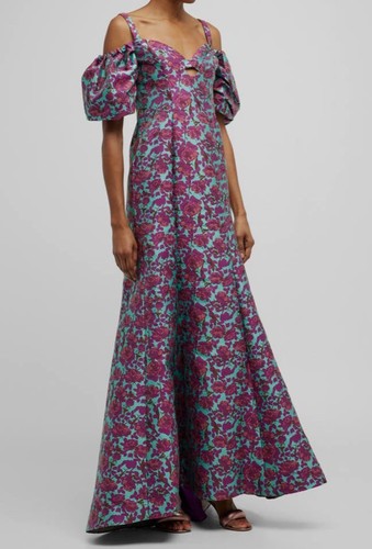 Pre-owned Zac Posen $1491  Women's Purple Floral Jacquard Cold-shoulder Gown Dress Size 2