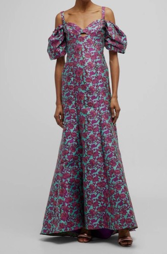 Pre-owned Zac Posen $1490  Women's Purple Floral Jacquard Cold-shoulder Gown Dress Size 8