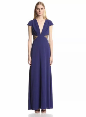 Jill Jill stuart blue lace cutout vneck plunge maxi bodycon gown dress size 0 XS