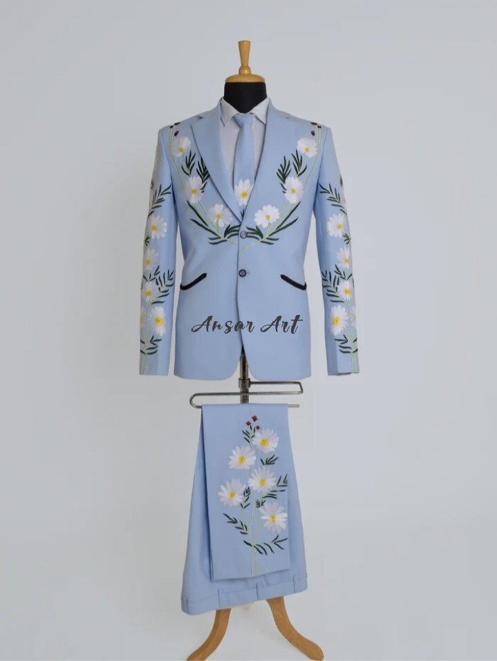 Pre-owned Art Men's 2pc Lavender Country Western Suit Cotton Customized Single Cowboy Attire In Blue