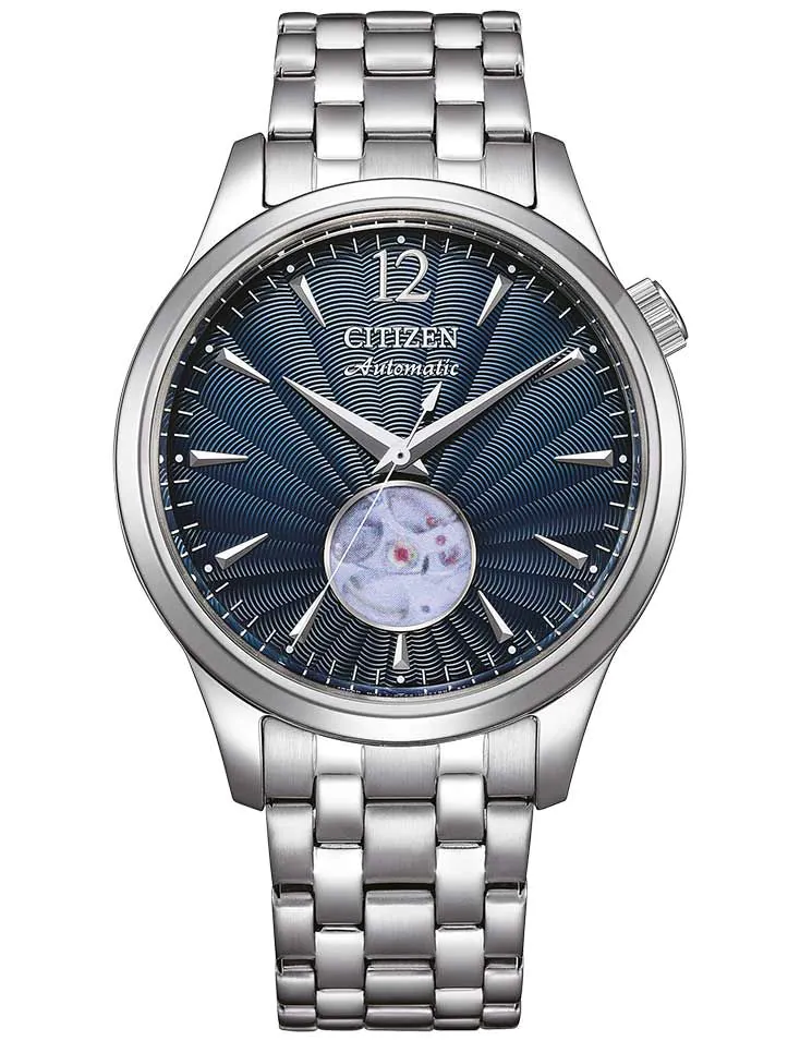 Pre-owned Citizen Automatic Guilloche Blue Dial Nh9131-73l Open Heart Men's Watch