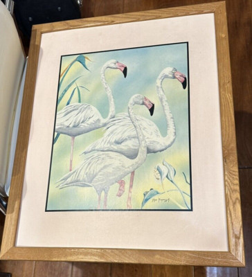 Vintage  silk screen print -  3 flamingos by a talented artist Joyce Kasprzyk