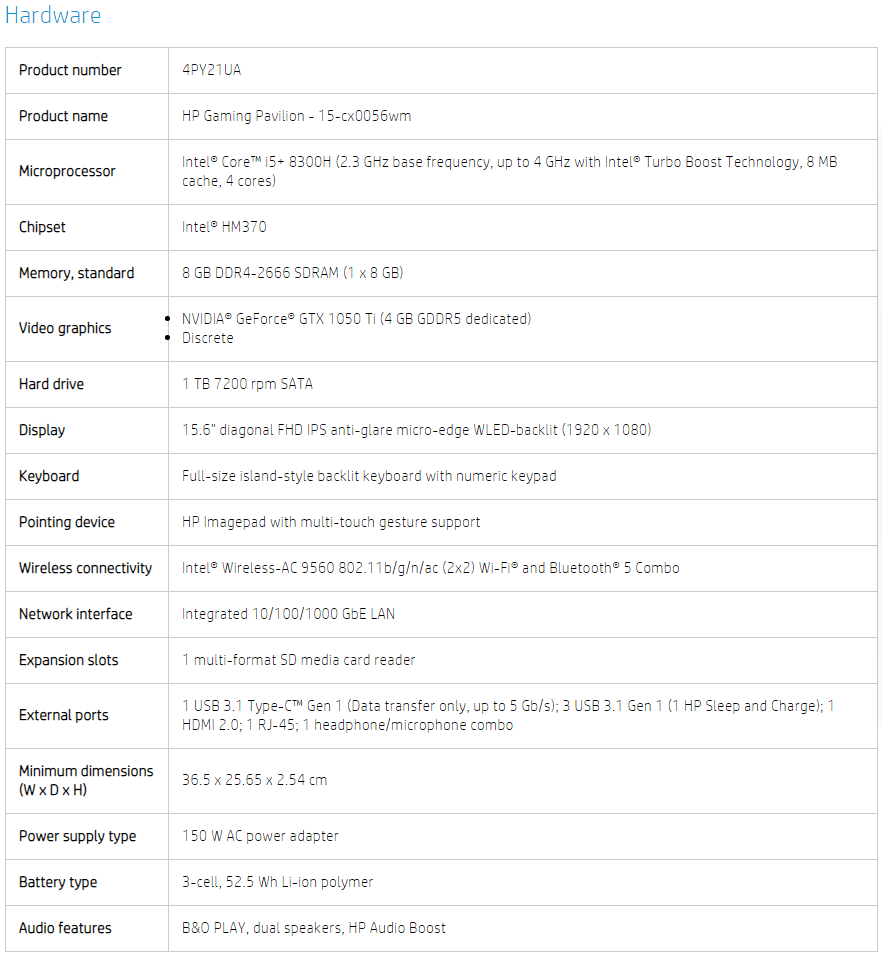 HP Pavilion Gaming Laptop 15.6in IPS i5 8300H 8GB GTX 1050 Ti 4G 1TB 15-cx0056wm