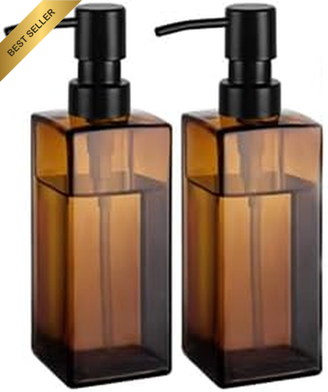 2 PC Amber Glass Hand Soap Dispenser 12 Oz Dish Soap Refillable Labels