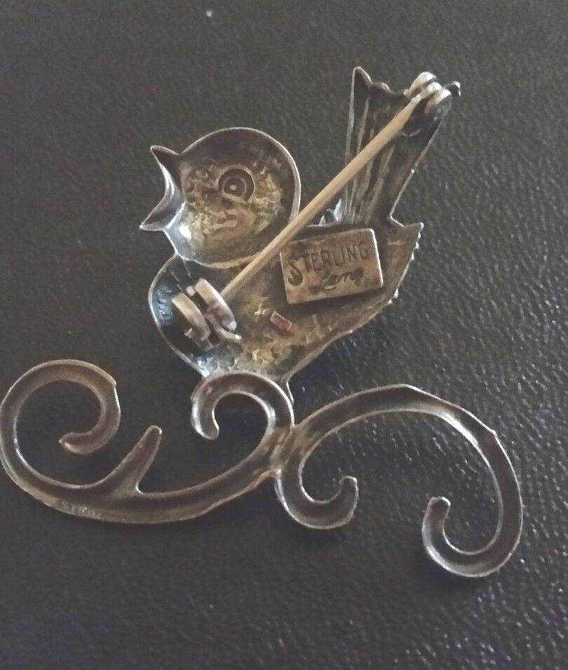 Vintage  Retro Sterling Silver Lang  Baby Bird Branch Pin Brooch Happy Chirps