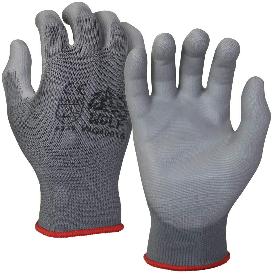 WOLF Ultra-Thin Grey Work Gloves Polyurethane Palm Coated Nylon Shell 12 Pairs