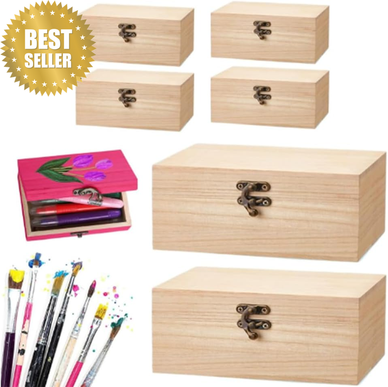 6-Pack Unpainted Wooden Boxes, Vintage Wooden Storage Boxes with Hinged Lids and