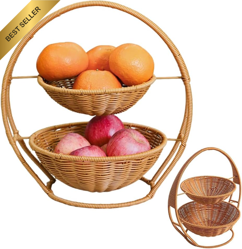 2-Tier Handwoven Fruit Basket, Double Layer Fruit Rack | Fruit Bowl Stand for Ki