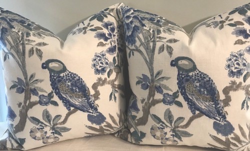 SET OF 2 BRAEMORE BIRD FLORAL BLUE LINEN PILLOWS