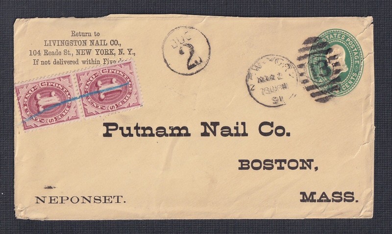 USA 1891 1C PAIR POSTAGE DUES ON 2C PS COVER NEW YORK TO BOSTON ...