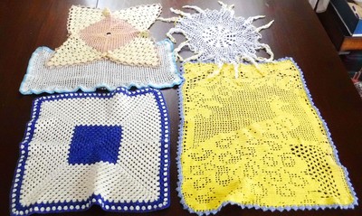 Lace Doilies Crochet Blue Yellow Cotton Antique Lot of 5 Vintage