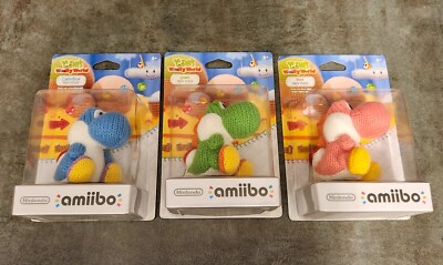 Blue, Pink, Green Yarn Yoshi Plush Set Amiibo- Nintendo- First Print NA US