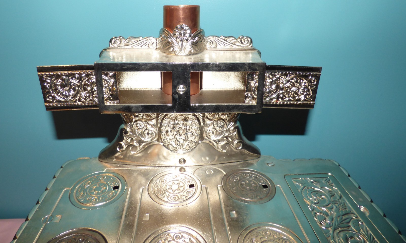 Large Antique Ornate Eclipse Cast Toy Stove, JE Stevens, Nickel-Plated