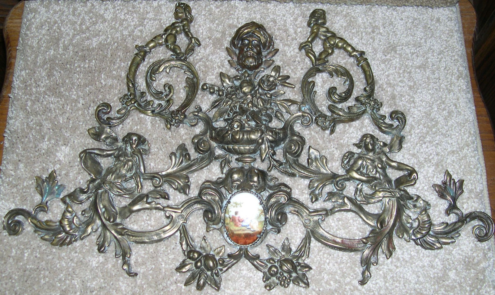 Large Brass Bronze France Ormolu Genie Arabian Dancers Porcelain Medallion