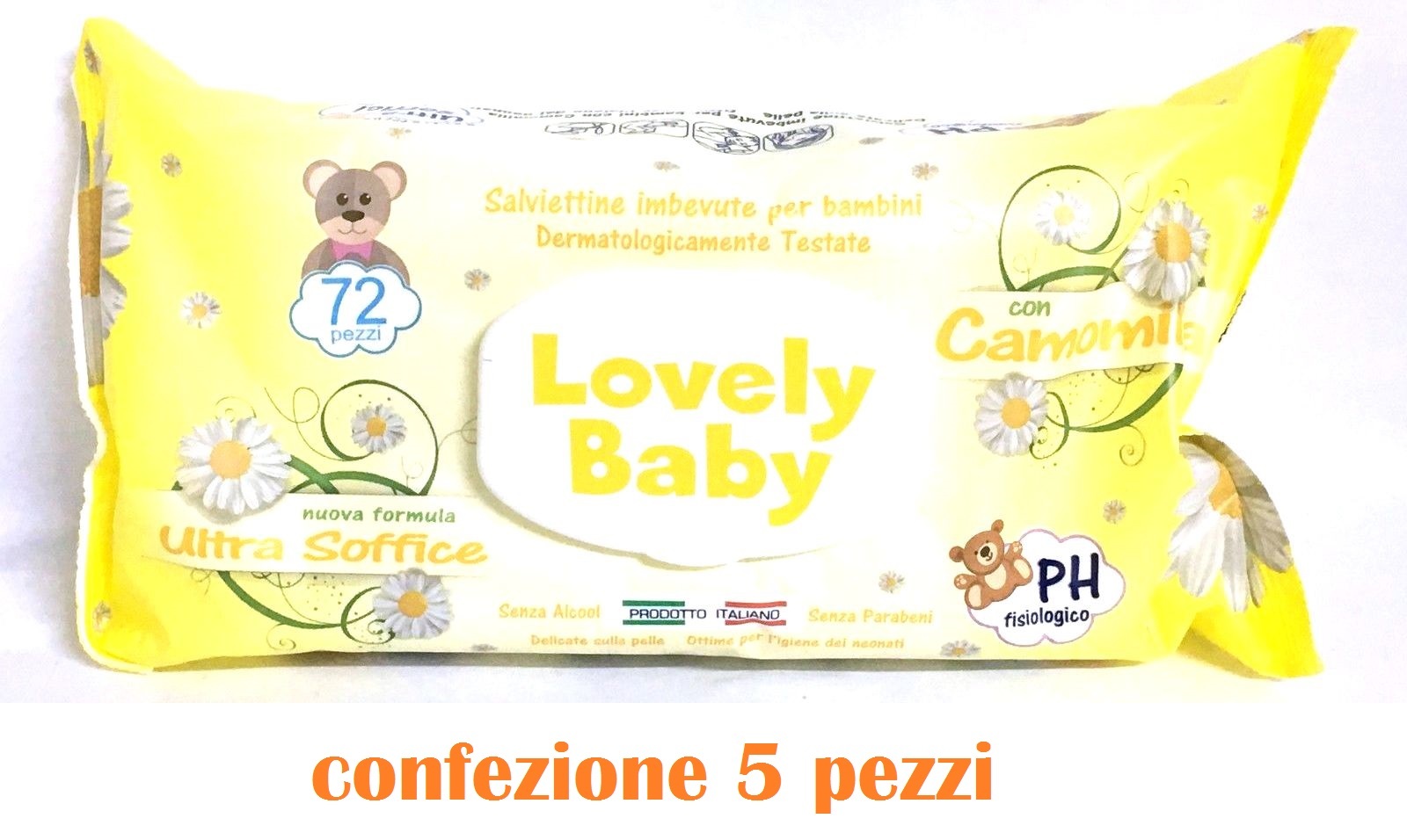 Set 5 Confezioni Salviettine 72 pezzi Imbevute Per Pulizia Bambini Camomilla moc