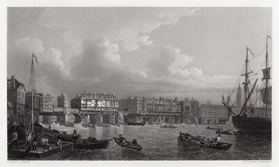 1800s SAMUEL SCOTT Historic Engraving ''The 1745 London Bridge'' SIGNED Framed COA
