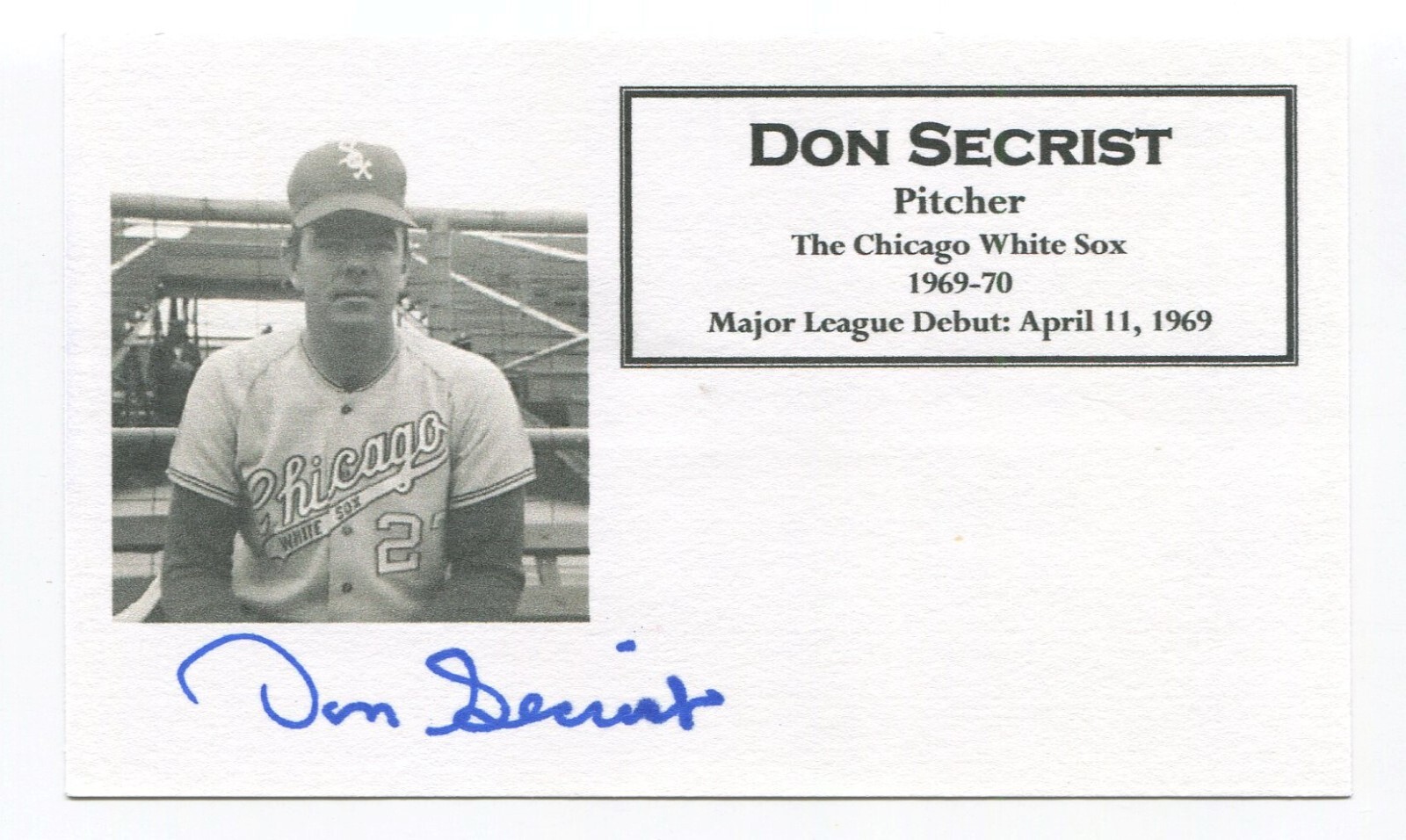 Don Secrist Signed 3x5 Index Card Autographed MLB Baseball