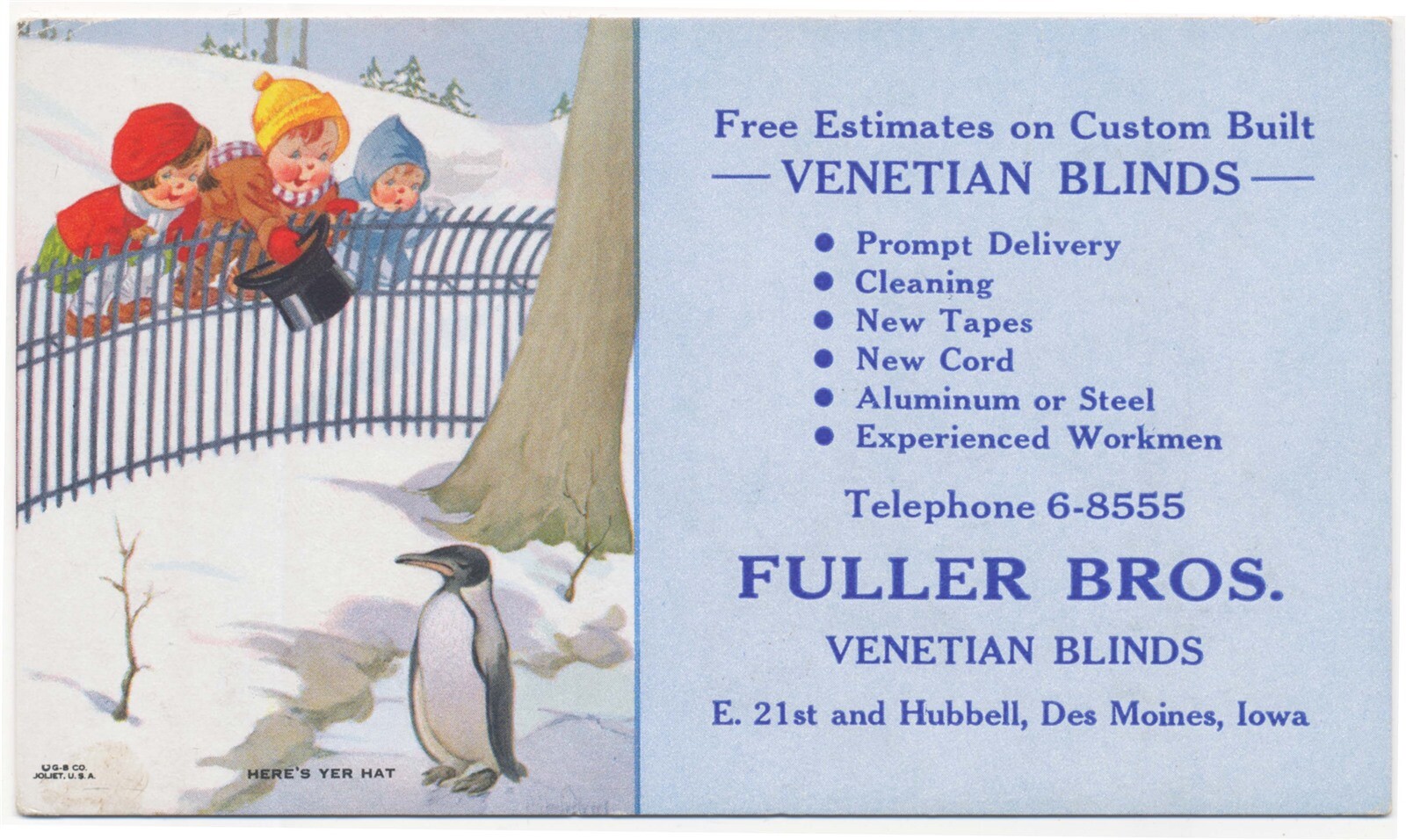 Boy Offers Top Hat To Penguin Blotter Fuller Bros Venetian Blinds Des Moines IA