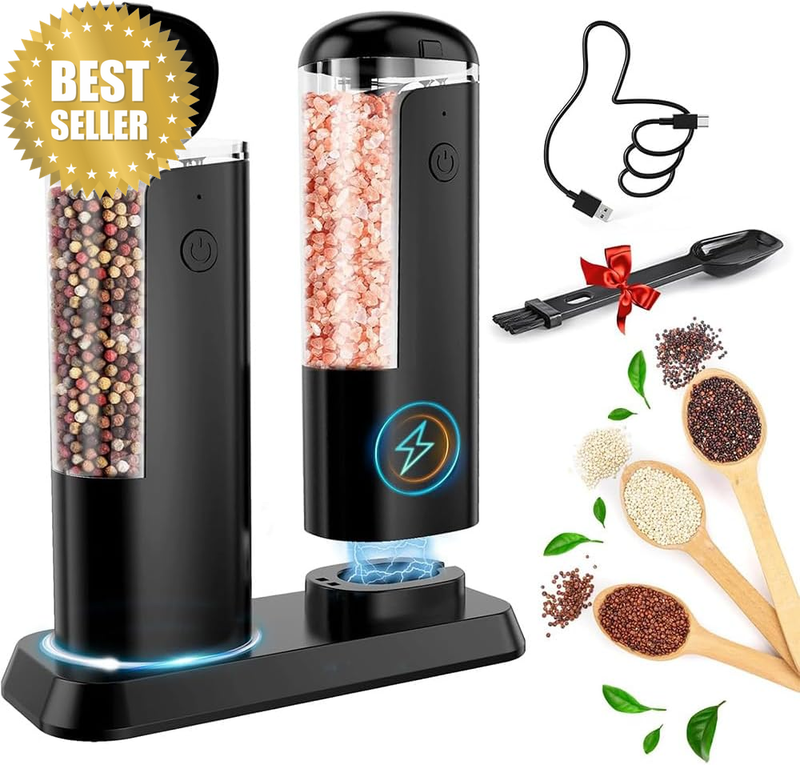Set 2 Pack Electric Salt and Pepper Grinder,Automatic Salt and Pepper Grinder Pe
