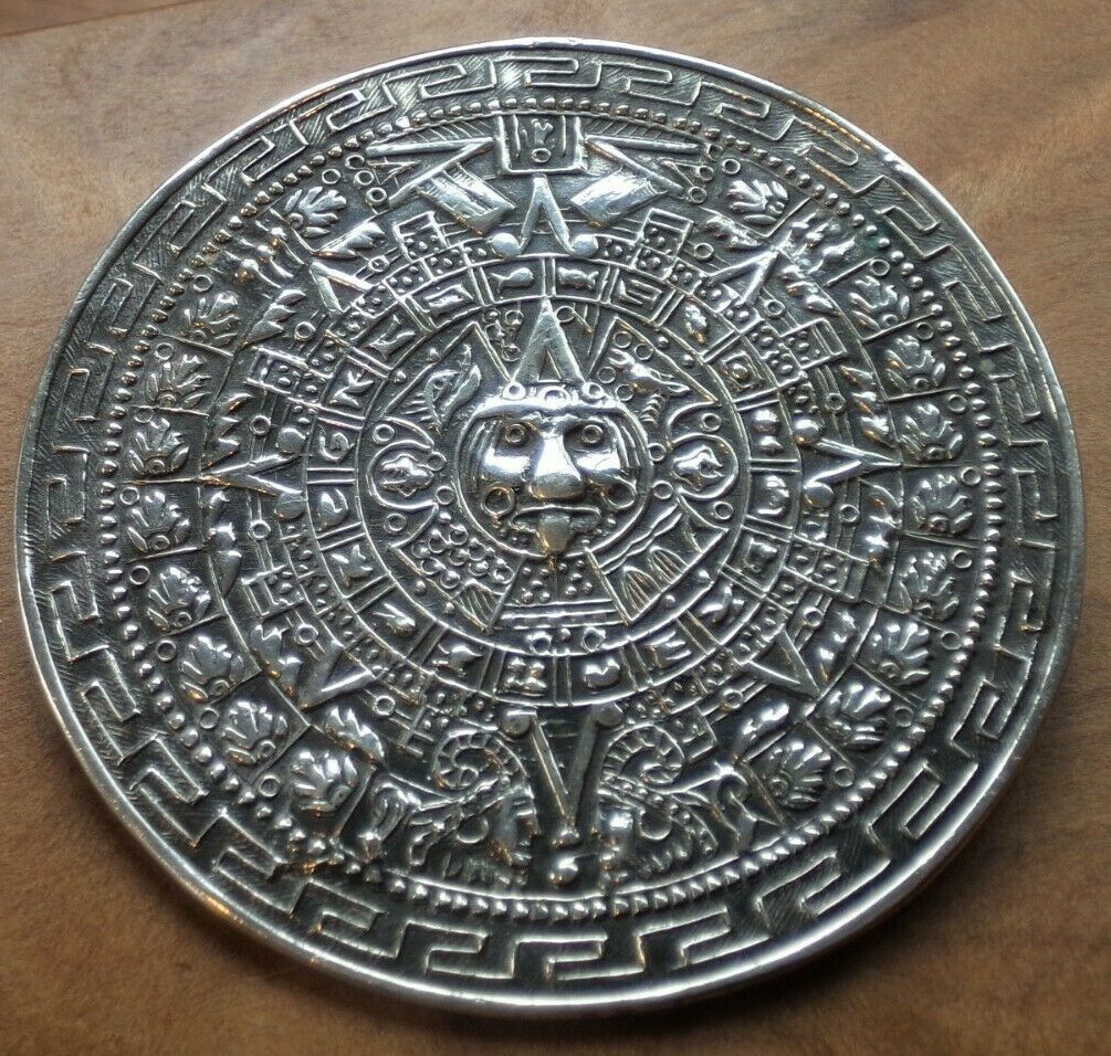 Vintage Mexico Sterling Silver Aztec Calendar Large Brooch Pin Pendant