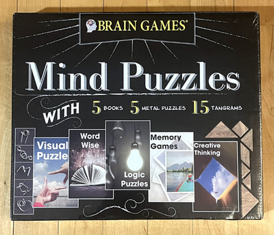 Brain Games Mind Puzzles with 5 Books 5 Metal Puzzles 15 Tangrams Sealed Box