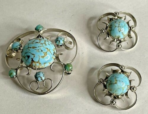 Silver-Tone Pin and Clip Earring Set with Faux Turquoise