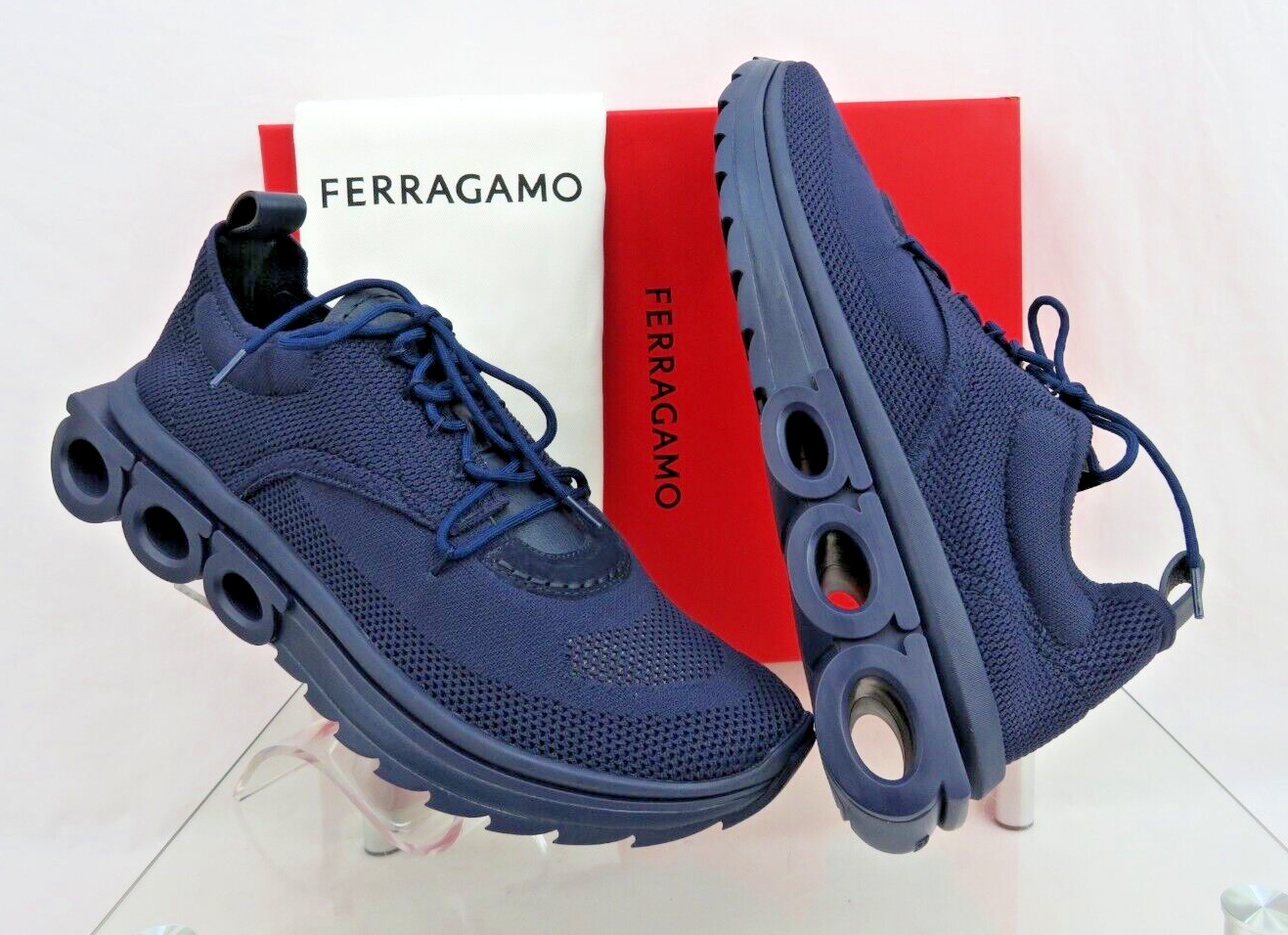 $1K NIB FERRAGAMO DARK BLUE NIMA LEATHER MESH LOGO LOW