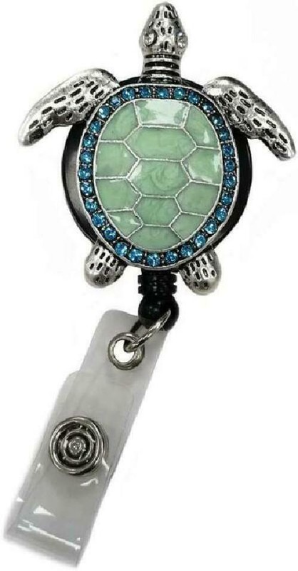Aquamarine Enamel Sea Turtle Retractable ID Badge Reel,Name Card Holder,ID