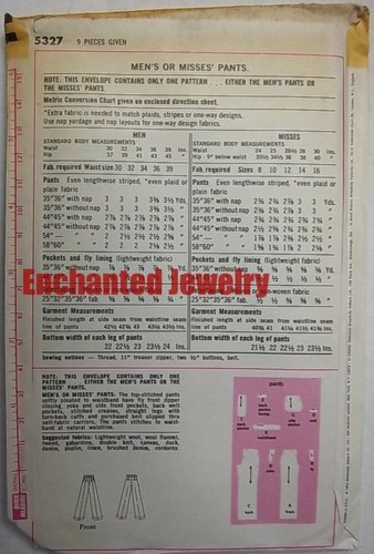 Mens Casual Pants #5327 Un-Cut  Size 30 Simplicity Pattern Un-Cut 1972