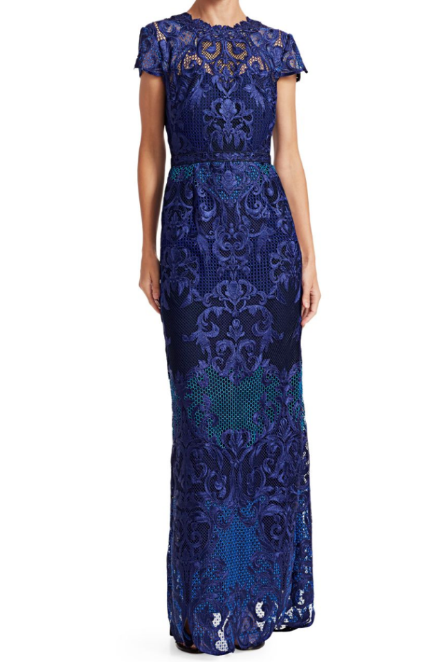Pre-owned Marchesa Notte $995  Scroll Column Gown Lace Royal Blue Embroidery Dress 6 In Royal Cobalt Blue Navy