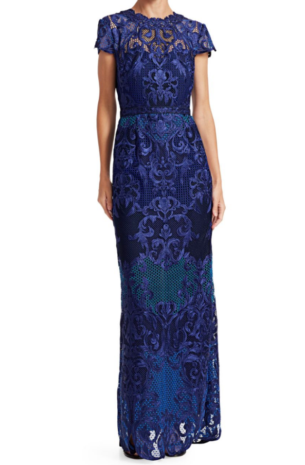 Pre-owned Marchesa Notte $995  Scroll Column Gown Lace Royal Blue Embroidery Dress 6 12 In Royal Cobalt Blue Navy