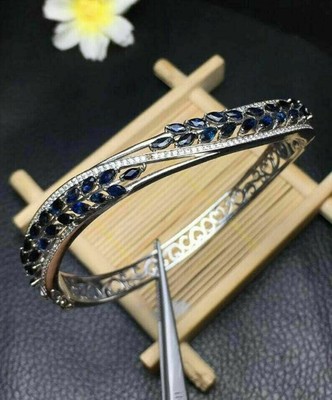 3 Ct Sapphire & Cubic Zirconia Bypass Bangle Bracelets 14K White Gold Plated